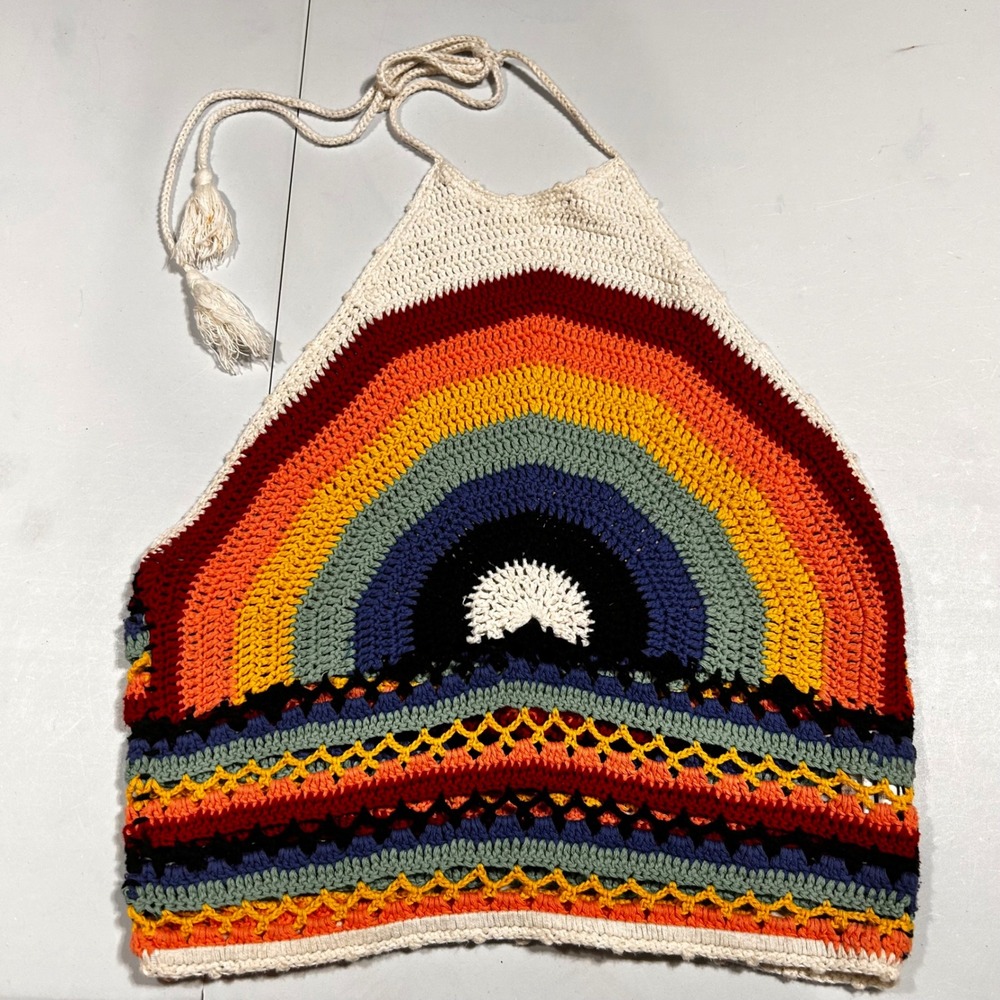 Forever21 Retro Festival Rainbow Crochet Halter Top Boho Crop Top Womens Small